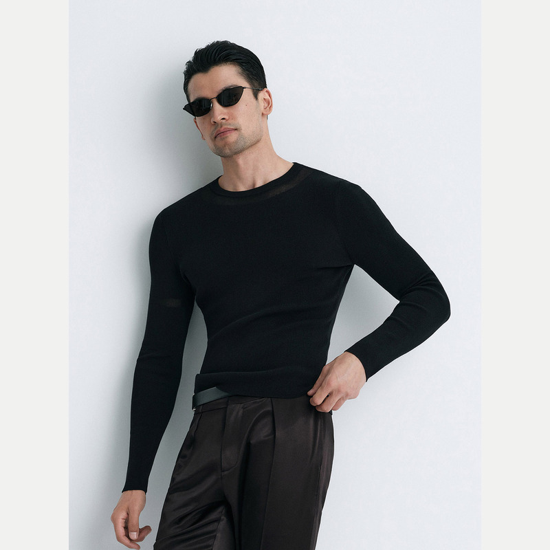 Karing｜ Slightly See-Through Patchwork Knit Slim-Fit Stretchy Men's Long-Sleeve Top