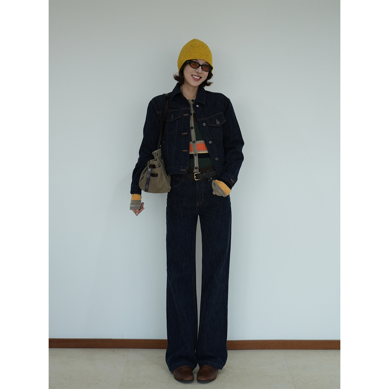Choumei Home Original Color Denim High-Waisted Straight-Leg Jeans for Women, Wool Blend Brushed Autumn and Winter Trousers