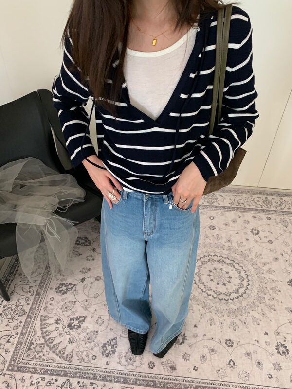8.19【Afternoon on a Weekday】Fake Two-Piece Hooded Loose Knit Sweater 34739