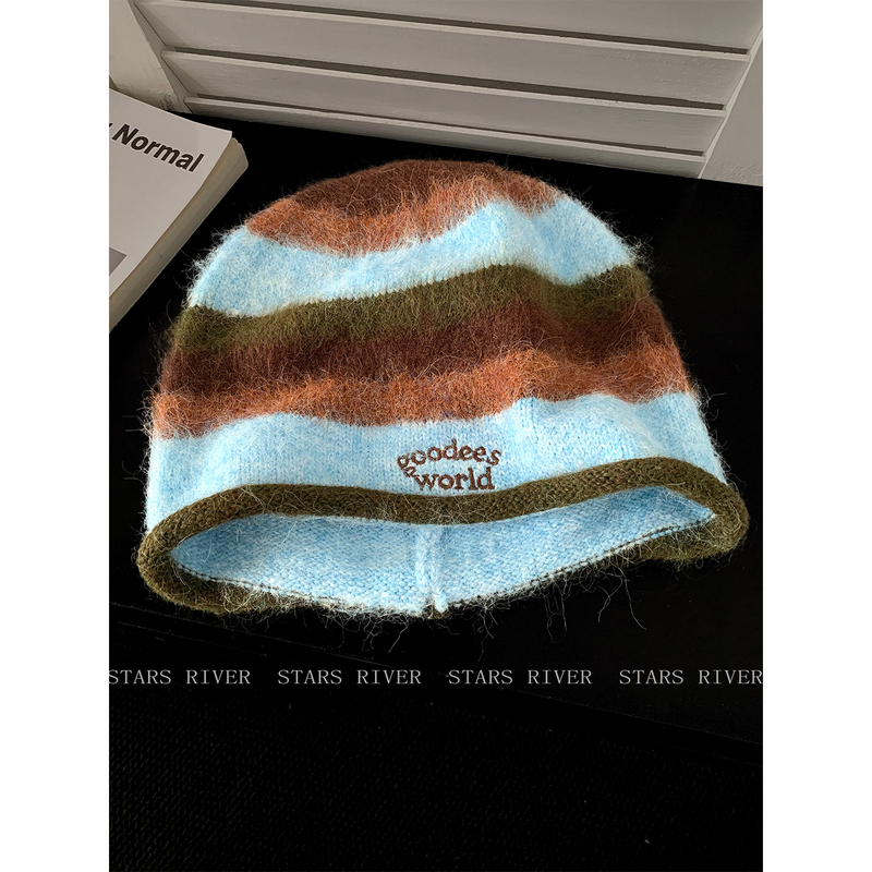 Korean Style ins Color-Block Striped Plush Letter Embroidered Knit Hat for Women, Autumn and Winter Warm Versatile Beanie Slouchy Hat