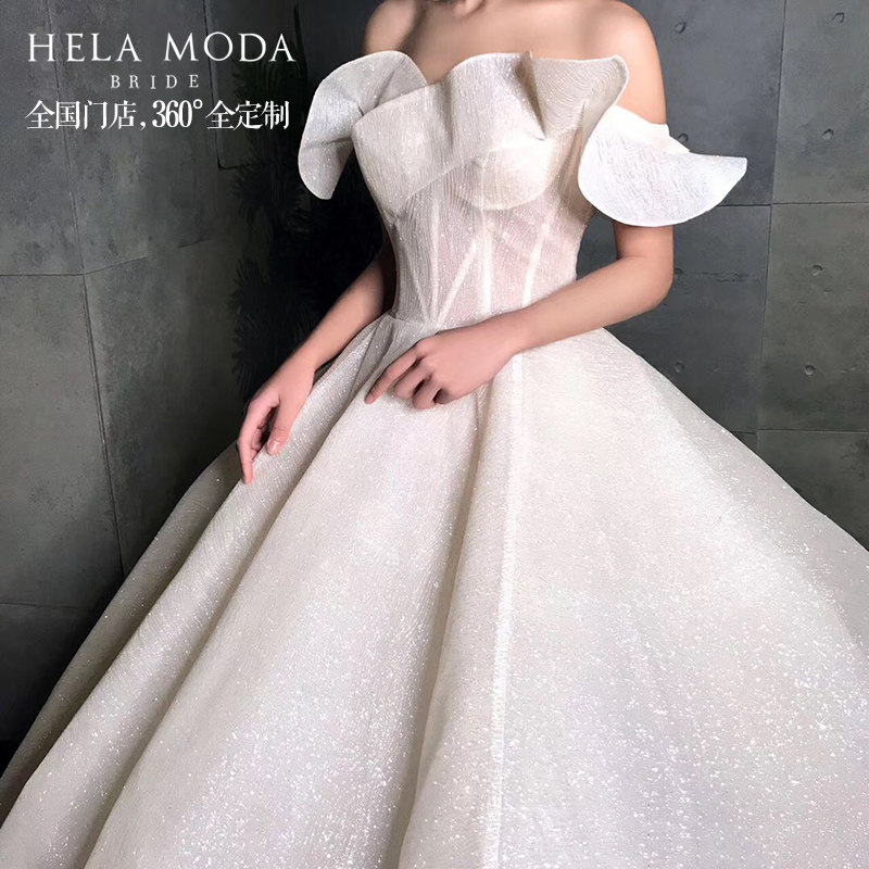 Hera customized 2022 new bride one-shoulder gauze flashing thin luxurious long tail bride starry sky wedding dress