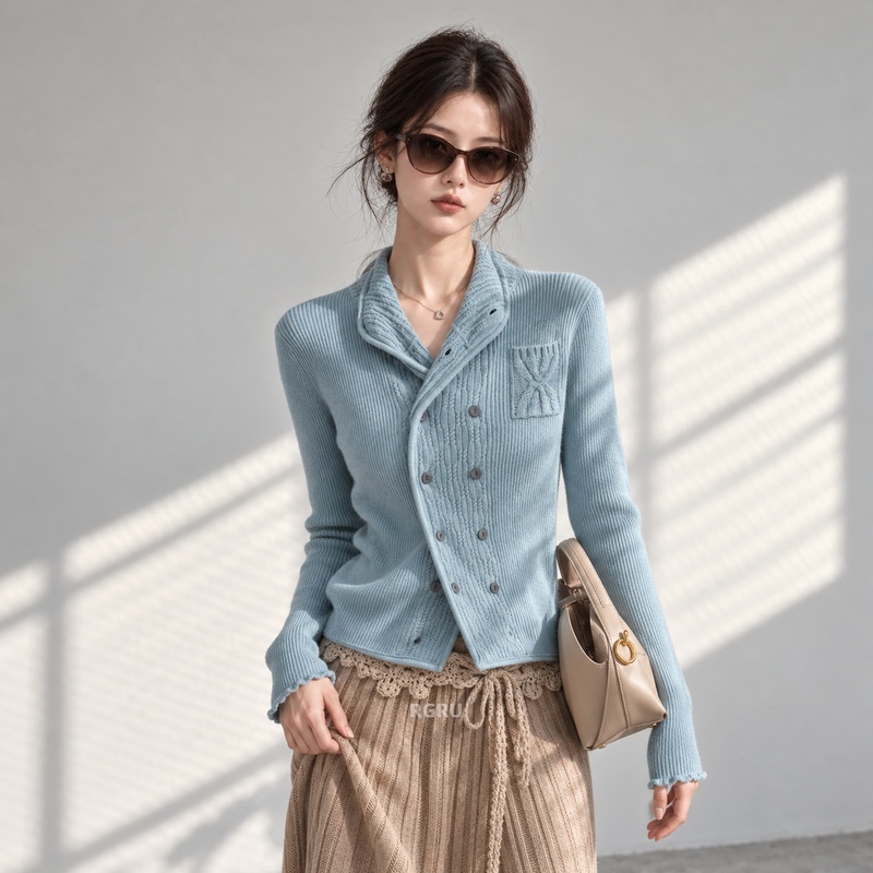 2026 Autumn/Winter New Double-Breasted Long-Sleeve Cardigan for Women, Blue Turn-Down Collar Knitwear, Slimming Sweater Coat 2026 Autumn/Winter New Double-Breasted Long-Sleeve Cardigan for Women, Blue Turn-Down Collar Knitwear, Slimming Sweater Coat