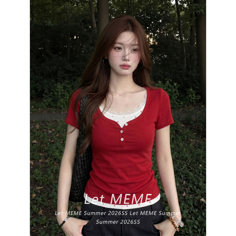 Red V-Neck Polka Dot Faux Two-Piece Lace Short-Sleeve T-Shirt for Women, Summer Korean Style, Slim Fit, Waist-Cinching, Slimming Short Top Red V-Neck Polka Dot Faux Two-Piece Lace Short-Sleeve T-Shirt for Women, Summer Korean Style, Slim Fit, Waist-Cinching, Slimming Short Top