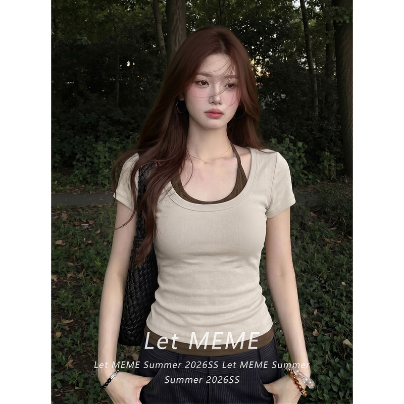 Oatmeal-Colored Fake Two-Piece Halter Neck U-Neck Short-Sleeve T-Shirt for Women, Summer Design, Slim Fit, Waist-Cinching, Slimming Short Top Oatmeal-Colored Fake Two-Piece Halter Neck U-Neck Short-Sleeve T-Shirt for Women, Summer Design, Slim Fit, Waist-Cinching, Slimming Short Top