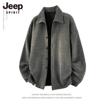 Jeep Japanese-Style Trendy Brand Lapel Jacket Coat Autumn and Winter Tweed Texture Loose Casual Men's Long-Sleeve Shirt