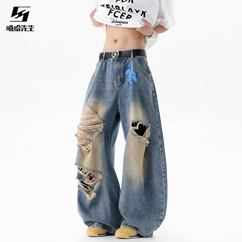 Hip-Hop Style American Ripped Jeans for Men, Summer Thin Loose Fit, High-Waisted Straight-Leg Wide-Leg Pants Hip-Hop Style American Ripped Jeans for Men, Summer Thin Loose Fit, High-Waisted Straight-Leg Wide-Leg Pants