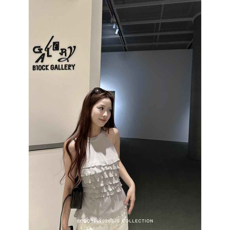 Siiooye High Intelligence and Talent Misty Gray Halter Neck Multi-Layered Ruffle Vest for Women, Summer Youthful Niche Short Top Siiooye High Intelligence and Talent Misty Gray Halter Neck Multi-Layered Ruffle Vest for Women, Summer Youthful Niche Short Top