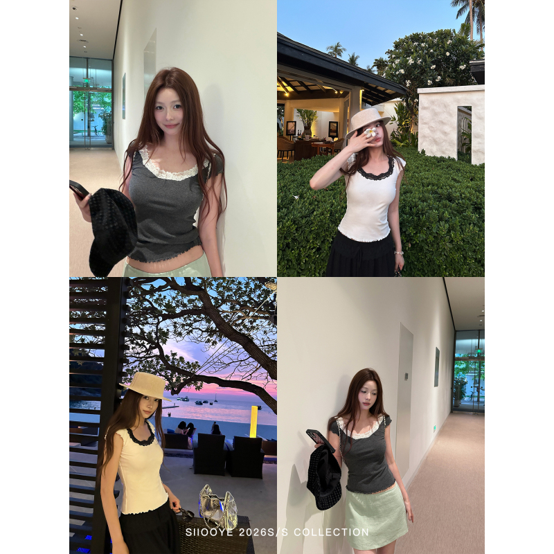 Siiooye Is Truly Beautiful. the Large Neckline Lace Patchwork T-Shirt for Women Is a Summer Short-Sleeved, Stylish, Slim-Fit, Short Top
