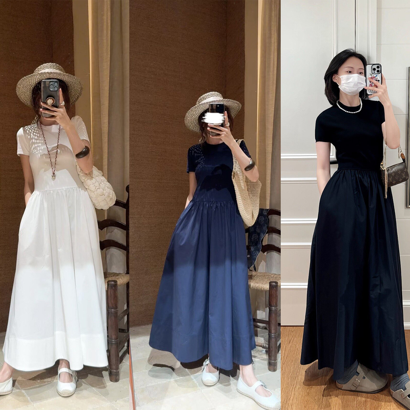 Hepburn-Style High-End Fabric Patchwork Minimalist Straight-Shoulder Old Money Style Short-Sleeve Long Dress Slim-Fit Dress