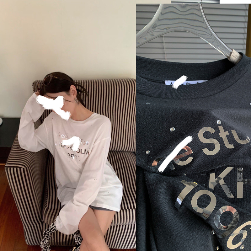 Please Treat the Two Black and White Fabrics Differently. 1996 Hot-Stamped Sequin Printed Long-Sleeved T-Shirt, Trendy Unisex Style