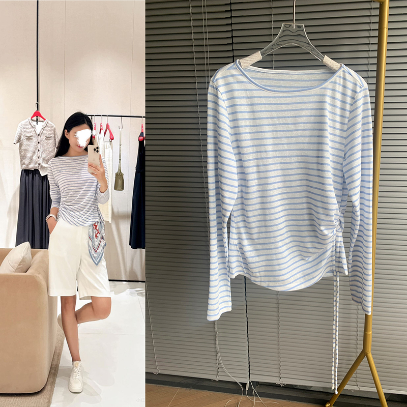 Long-Sleeved Round-Neck Striped Sailor-Style Blue and White Drawstring Top That Can Be Worn in Summer Long-Sleeved Round-Neck Striped Sailor-Style Blue and White Drawstring Top That Can Be Worn in Summer