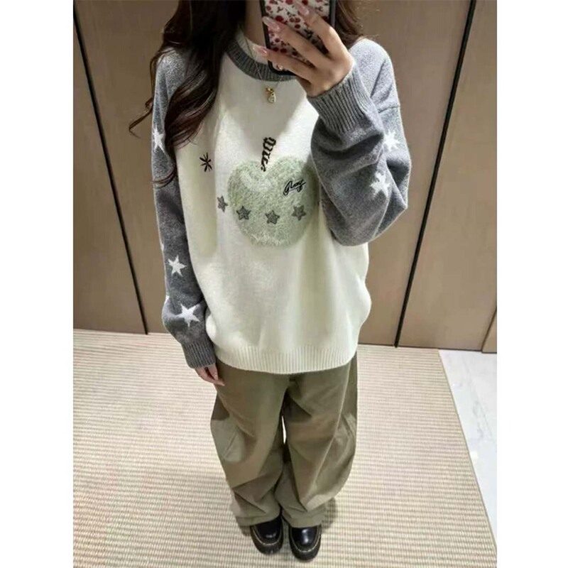 American Retro Jacquard Star Contrast Sweater Knitwear for Women, Autumn and Winter Loose Lazy Style Pullover Casual Top American Retro Jacquard Star Contrast Sweater Knitwear for Women, Autumn and Winter Loose Lazy Style Pullover Casual Top
