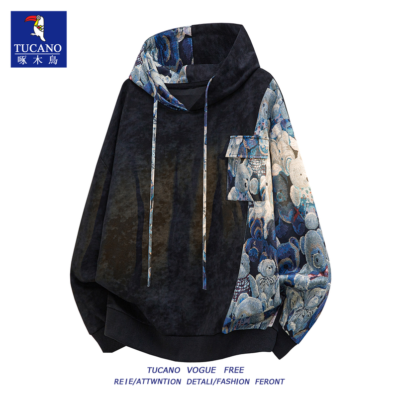 Woodpecker Tie-Dye Embroidered Patchwork Hooded Sweatshirt for Men, Spring and Autumn Trendy Casual Loose Hoodie Top Jacket
