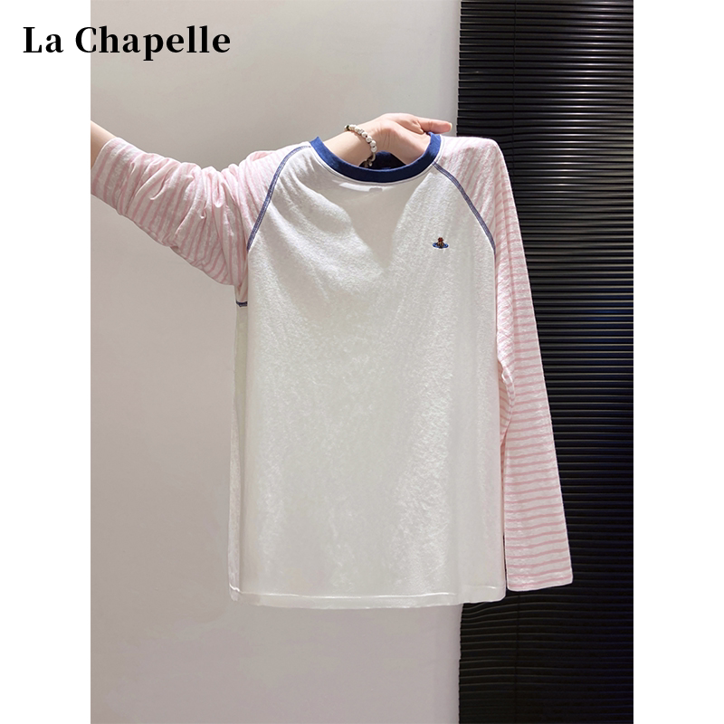 La Chapelle Striped Patchwork Raglan Long-Sleeve T-Shirt for Women, Autumn 2025 New Embroidered Loose Top