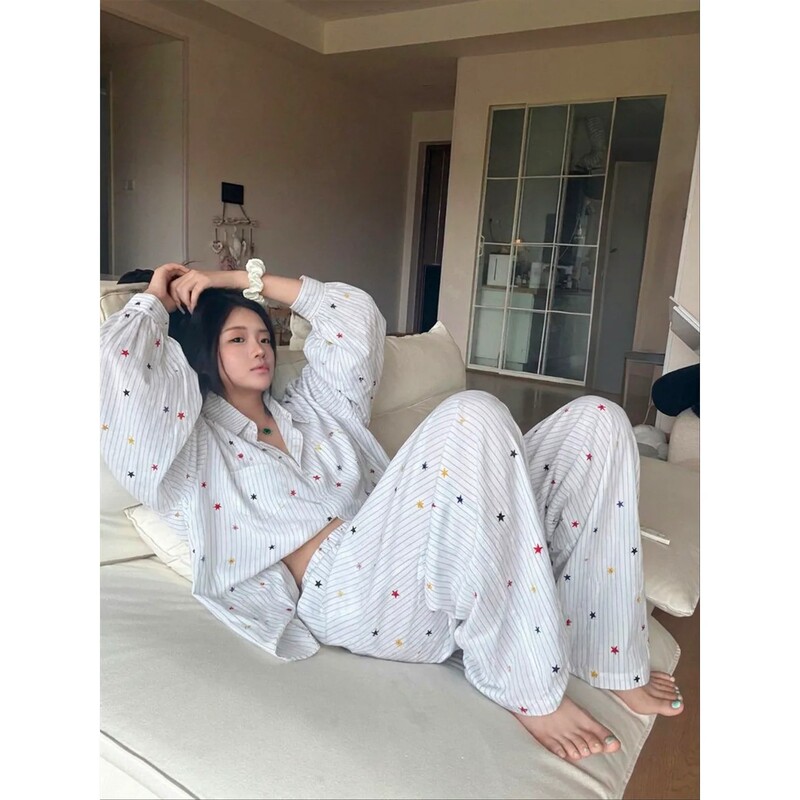 「Uamtor」Star Stripe Print Long-Sleeved Pajamas for Women, New Autumn Style, Large Size Long Pants, Two-Piece Loungewear Set
