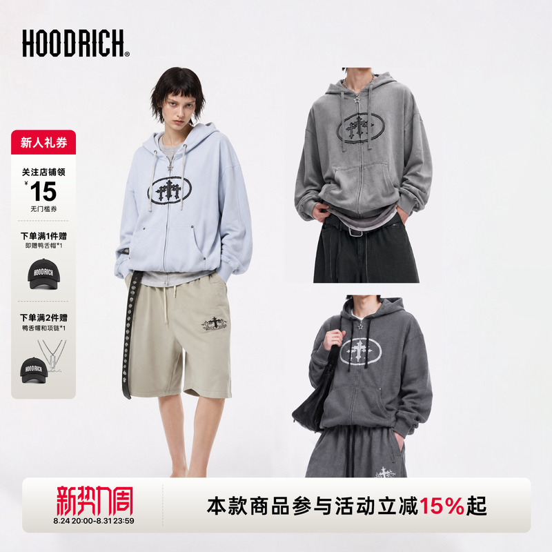 Hoodrich Wasteland Style Cross Embroidery Cardigan Hooded Sweatshirt Autumn Trendy Brand Loose Casual Hoodie Unisex