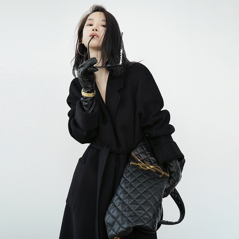 Double-Sided Woolen Coat for Women, Mid-Length, 2025 Autumn and Winter New Style, Hepburn Style, Black Loose Wool Coat