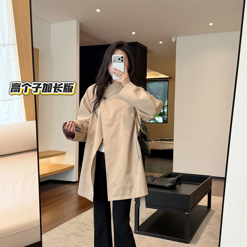One-Button Trench Coat, the Same Fabric as the B*Br Brand, with a Stand Collar and One Button, Mid-Length Coat for Tall People