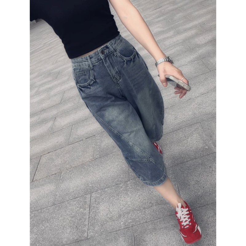 American Retro Blue Cropped Wide-Leg Jeans for Women, 2026 Summer New Style, Plus-Size Loose Casual Curved Pants