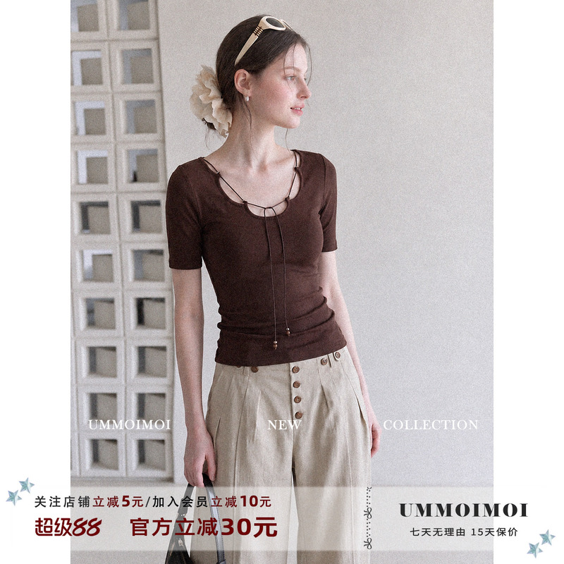 Ummoi Korean Style Coffee-Colored String Lace-Up U-Neck Short-Sleeve T-Shirt for Women, Summer Unique Design, Slim Fit Short Top Ummoi Korean Style Coffee-Colored String Lace-Up U-Neck Short-Sleeve T-Shirt for Women, Summer Unique Design, Slim Fit Short Top