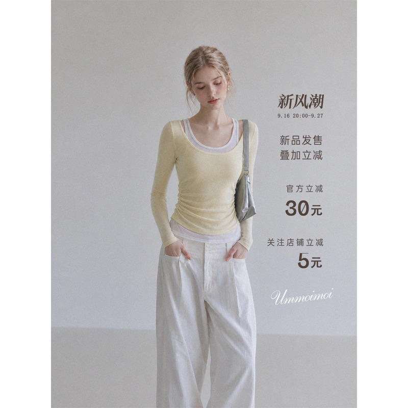 Ummoimoi Creamy Yellow Thin Semi-Sheer U-Neck Fake Two-Piece Long-Sleeve T-Shirt for Women, Summer Color-Blocked Pleated Slim-Fit Top Ummoimoi Creamy Yellow Thin Semi-Sheer U-Neck Fake Two-Piece Long-Sleeve T-Shirt for Women, Summer Color-Blocked Pleated Slim-Fit Top