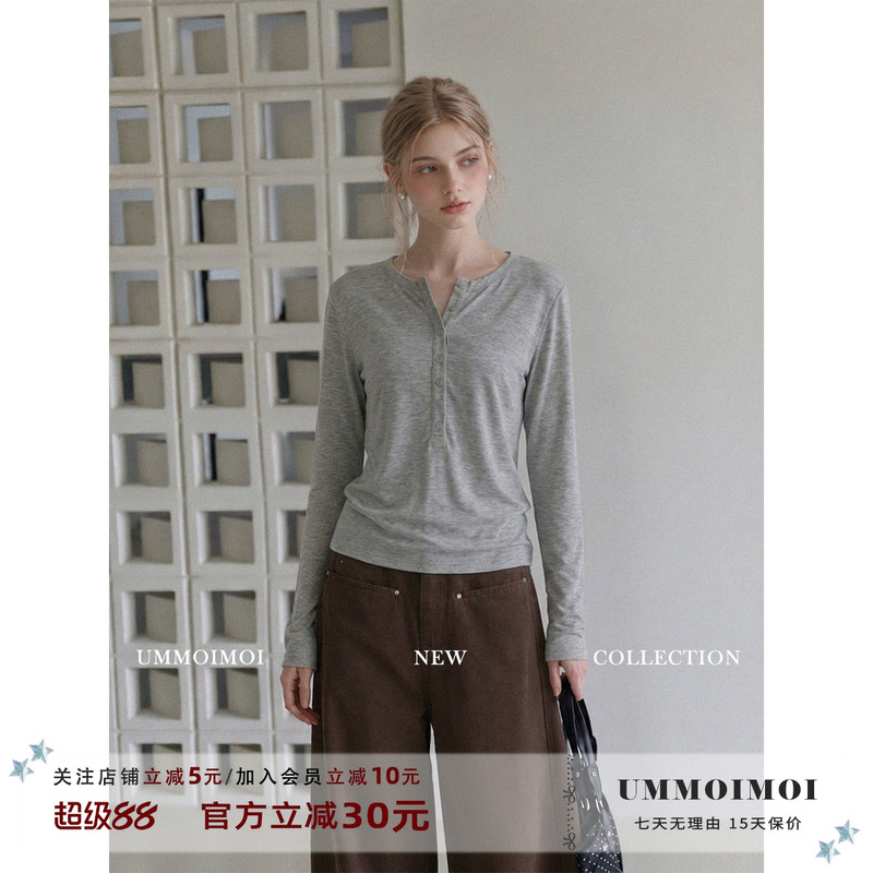 Ummoimoi Gray Henley Collar Long-Sleeved T-Shirt for Women, New Autumn Slim-Fit Basic Style with a High-End Feel Top