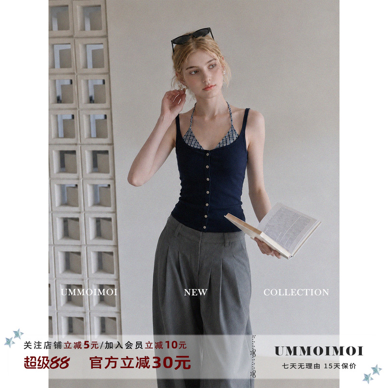 Ummoimoi Navy Blue Fake Two-Piece U-Neck Halter Camisole for Women, Summer Patchwork Tie Slim-Fit Top
