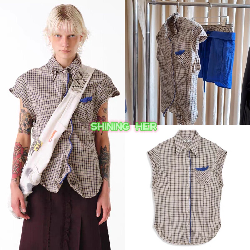 Small Quantity in Stock *Open Yy 26 New Summer Style Plaid Color Block Metal Pleated Large Cuff Short-Sleeve Shirt