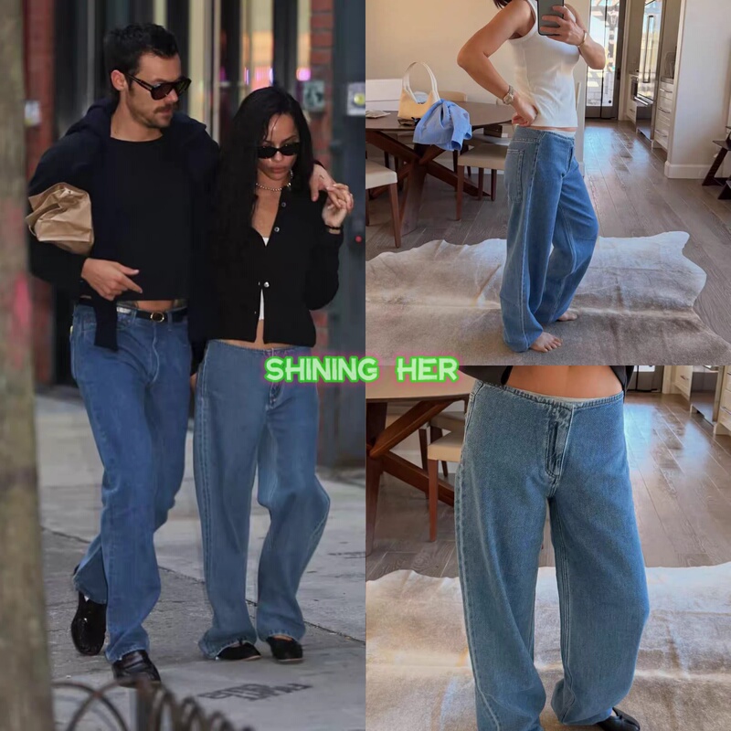 In Stock *Still Here Zoe Same Style Washed Low-Rise Lightweight Breathable Straight-Leg Denim Jogger Pants