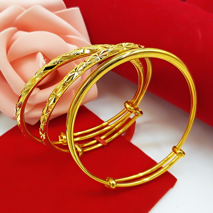 New 18K Gold-Colored Bracelet, Smooth Solid Bangle for Women, Gold-Plated Bracelet with Adjustable Size
