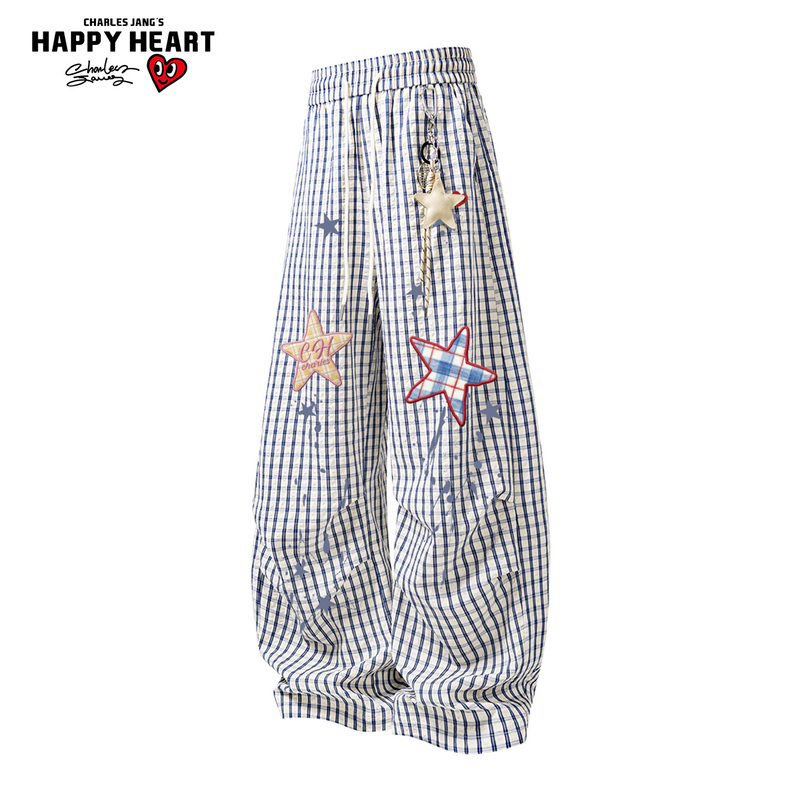 Charles Heart-Shaped Five-Pointed Star Color-Blocked Plaid Pants for Men and Women, Loose Straight-Leg Drapey Casual Trousers for Spring, Autumn, and Summer Charles Heart-Shaped Five-Pointed Star Color-Blocked Plaid Pants for Men and Women, Loose Straight-Leg Drapey Casual Trousers for Spring, Autumn, and Summer