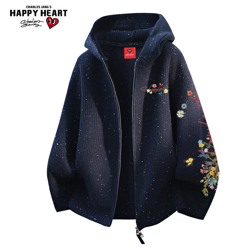 Charles Heart and Star Pattern Full Print Hooded Sweater Jacket for Men and Women, Autumn Floral Pattern Casual Knitted Cardigan