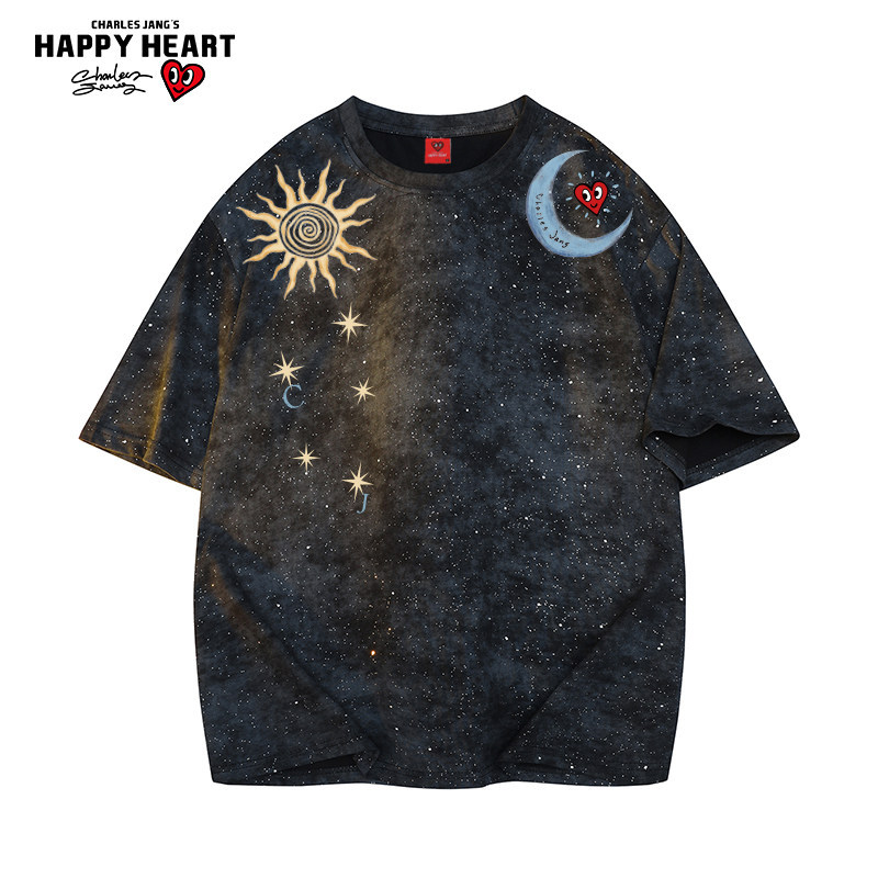 Charles Heart-Shaped Childlike Starry Graffiti Short Sleeve T-Shirt Unisex Summer Tie-Dye Loose Casual Trendy Brand Five-Point Sleeve