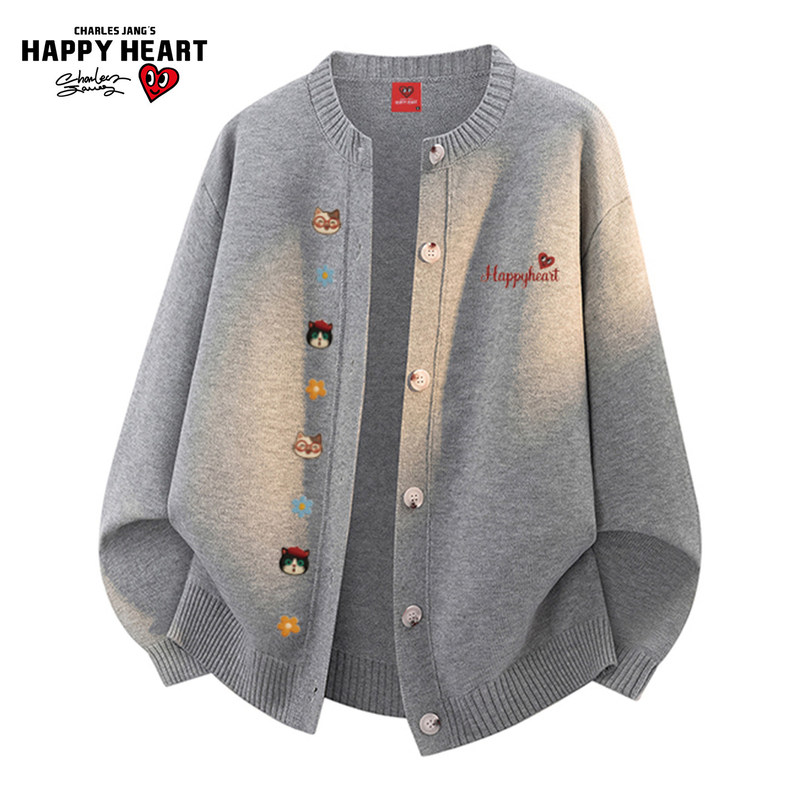 Charles Heart Lazy Style Round Neck Cardigan Sweater Knitwear Unisex Autumn American Casual Couple Jacket Trendy
