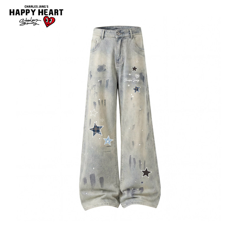 Charles Heart American Style Star Splatter Tie-Dye Scimitar Jeans Men's Spring and Autumn New Loose Straight Pants Charles Heart American Style Star Splatter Tie-Dye Scimitar Jeans Men's Spring and Autumn New Loose Straight Pants