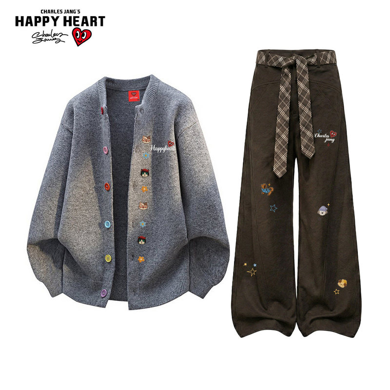 Charles Heart Vintage Cardigan Knitwear Set for Men and Women, New Autumn Style, Draped Straight-Leg Casual Pants Two-Piece Set