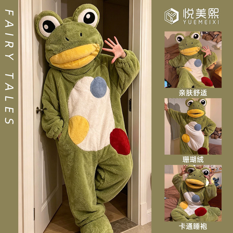Cartoon Pajamas Winter Sleepwear Frog Coral Fleece Onesie Pajamas for Men and Women Thickened Home Wear Set Can Be Worn Outside Cartoon Pajamas Winter Sleepwear Frog Coral Fleece Onesie Pajamas for Men and Women Thickened Home Wear Set Can Be Worn Outside