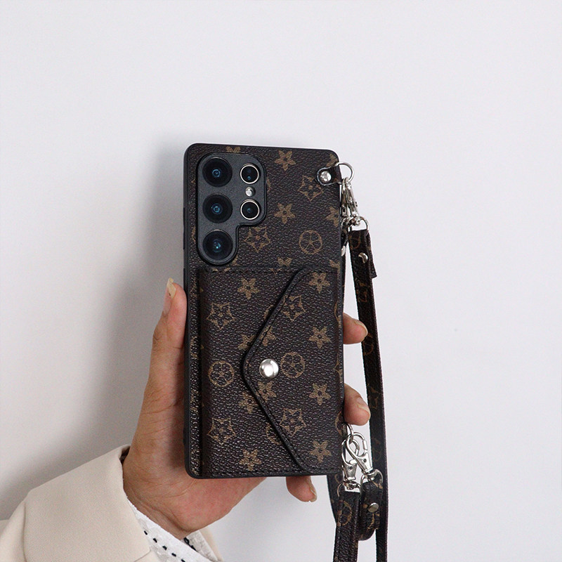 Vintage Designer Monogram Case for Samsung S26 Ultra, Galaxy S25 Card Holder Wallet, S24 Plus Crossbody Strap, S23+ Stylish High-End, S22 Niche, S21 Women's Trendy Model