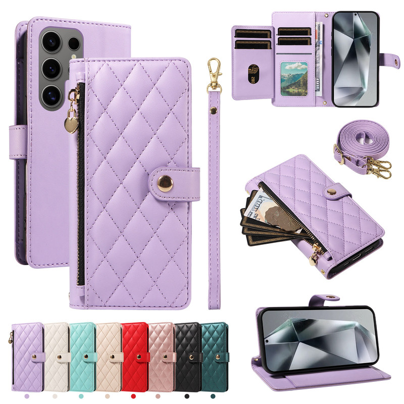 Flip Cover Rhombus Zipper Card Holder Suitable for Samsung S26+ Phone Case Galaxy S25 Ultra Fashion Chanel Style S24 Fe Simple Cowhide S23 Full Protection Anti-Drop S22 Plus Crossbody S21 Leather Case