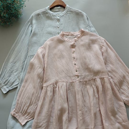 日系小清新文艺风轻薄苎麻长袖衬衫式中长款连衣裙休闲百搭衬衫裙