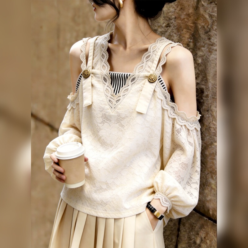 Niche Lace Off-Shoulder Top for Women, Casual Style, Loose Fit, Age-Reducing, Apricot Color, Layered Lace Shirt, New Autumn 2026 Model Niche Lace Off-Shoulder Top for Women, Casual Style, Loose Fit, Age-Reducing, Apricot Color, Layered Lace Shirt, New Autumn 2026 Model