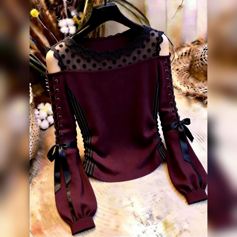 Burgundy Lace Patchwork Long-Sleeved Shirt for Women with Lace-Up Design, Versatile Workwear Top, New Style for Fall 2026 Burgundy Lace Patchwork Long-Sleeved Shirt for Women with Lace-Up Design, Versatile Workwear Top, New Style for Fall 2026