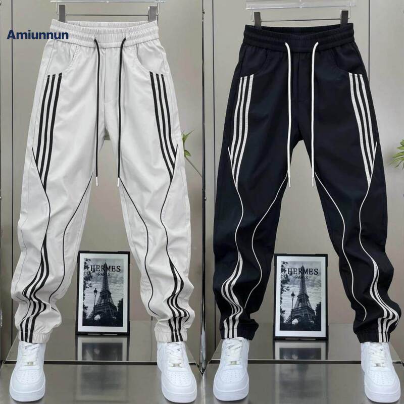 Men's Casual Pants 2026 New Summer Elastic Waistband Striped Patchwork Trendy Fashion Loose Jogger Sweatpants