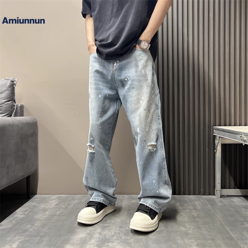 破洞牛仔裤男士春秋季2025新款潮牌宽松垂感阔腿痞帅直筒休闲长裤