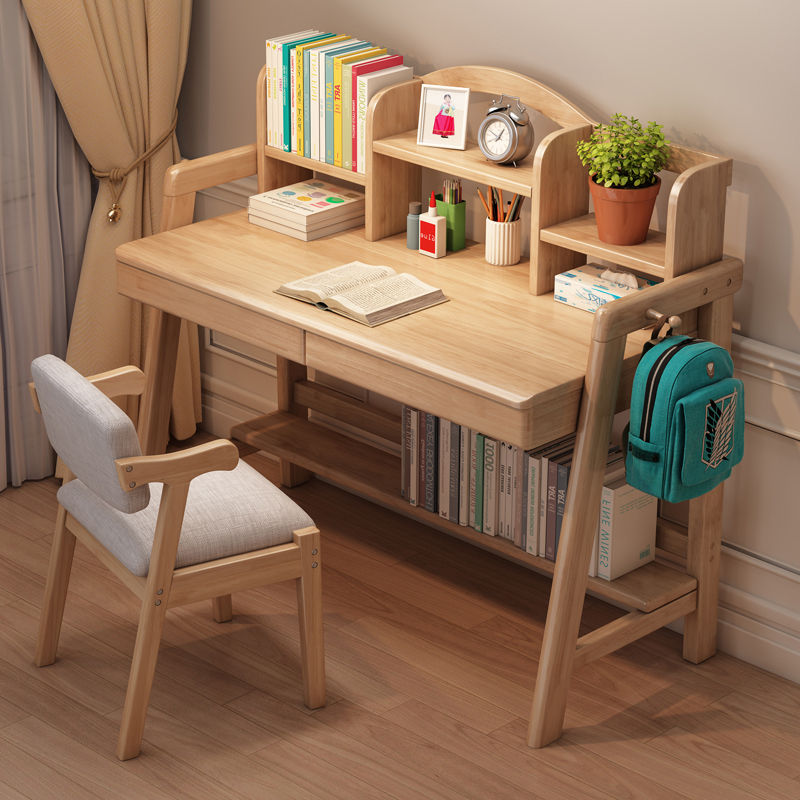 Nordic all-solid wood children's desk chair with bookshelf all-in-one study table liftable writing desk for primary and secondary school students