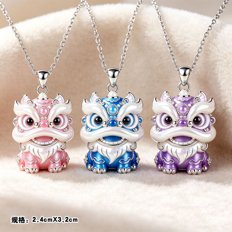 New Enamel Cute Lion Dance Pendant Necklace, Available in Three Colors, Lion Dance Pendant for Good Luck and Fortune, Gift for Children New Enamel Cute Lion Dance Pendant Necklace, Available in Three Colors, Lion Dance Pendant for Good Luck and Fortune, Gift for Children
