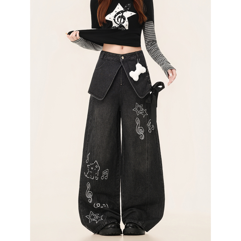 51Xxha American-Style Bone Pendant Design Cartoon Embroidery Heavy-Duty Faux Two-Piece Jeans for Women Autumn Wide-Leg Pants