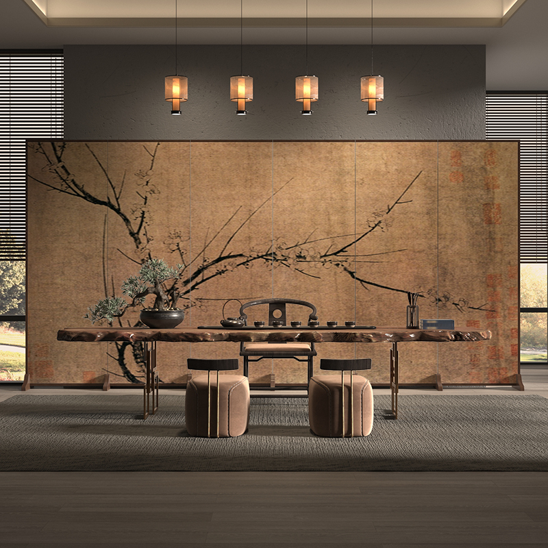 Song Dynasty Aesthetic Screen Partition for Living Room, New Chinese-Style Background Wall Decoration, Foldable Fabric Screen for Privacy and Mobility