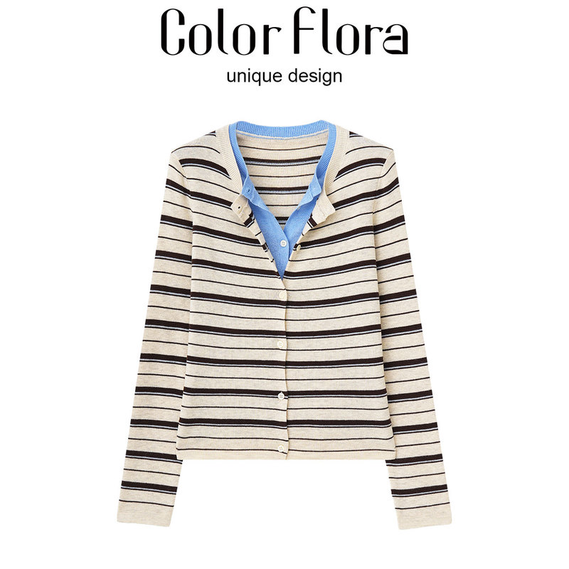 Color Flora'Ink Blue' Casual Color-Blocked Fake Two-Piece Striped Knit Sweater Cf-Zz268115