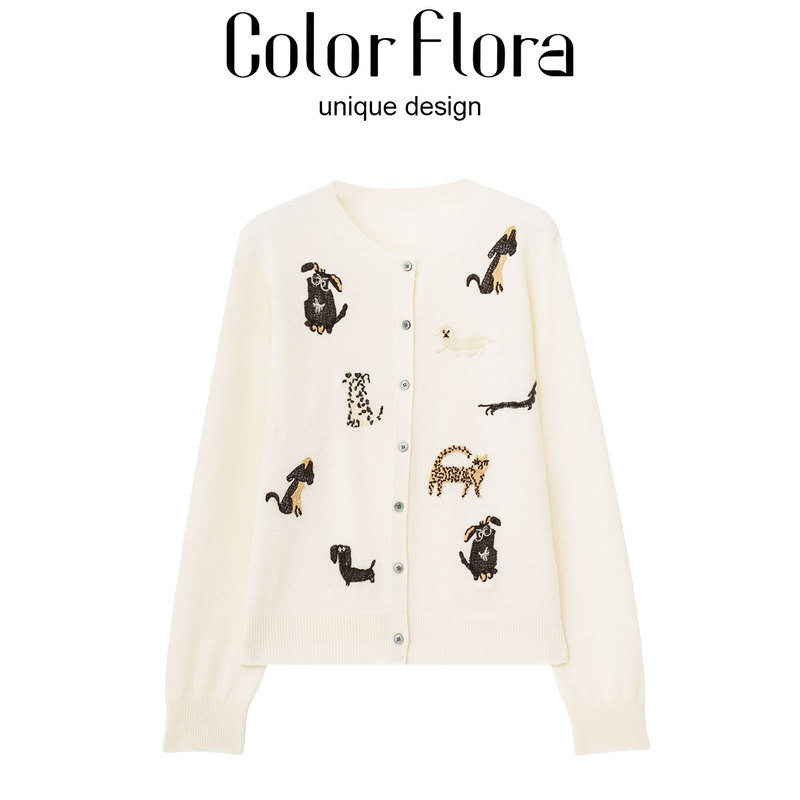 Color Flora'Wangwang Meow Meow' Cardigan Jacket for Women, New Autumn Style, Casual Loose Cute Embroidered Knitwear Color Flora'Wangwang Meow Meow' Cardigan Jacket for Women, New Autumn Style, Casual Loose Cute Embroidered Knitwear